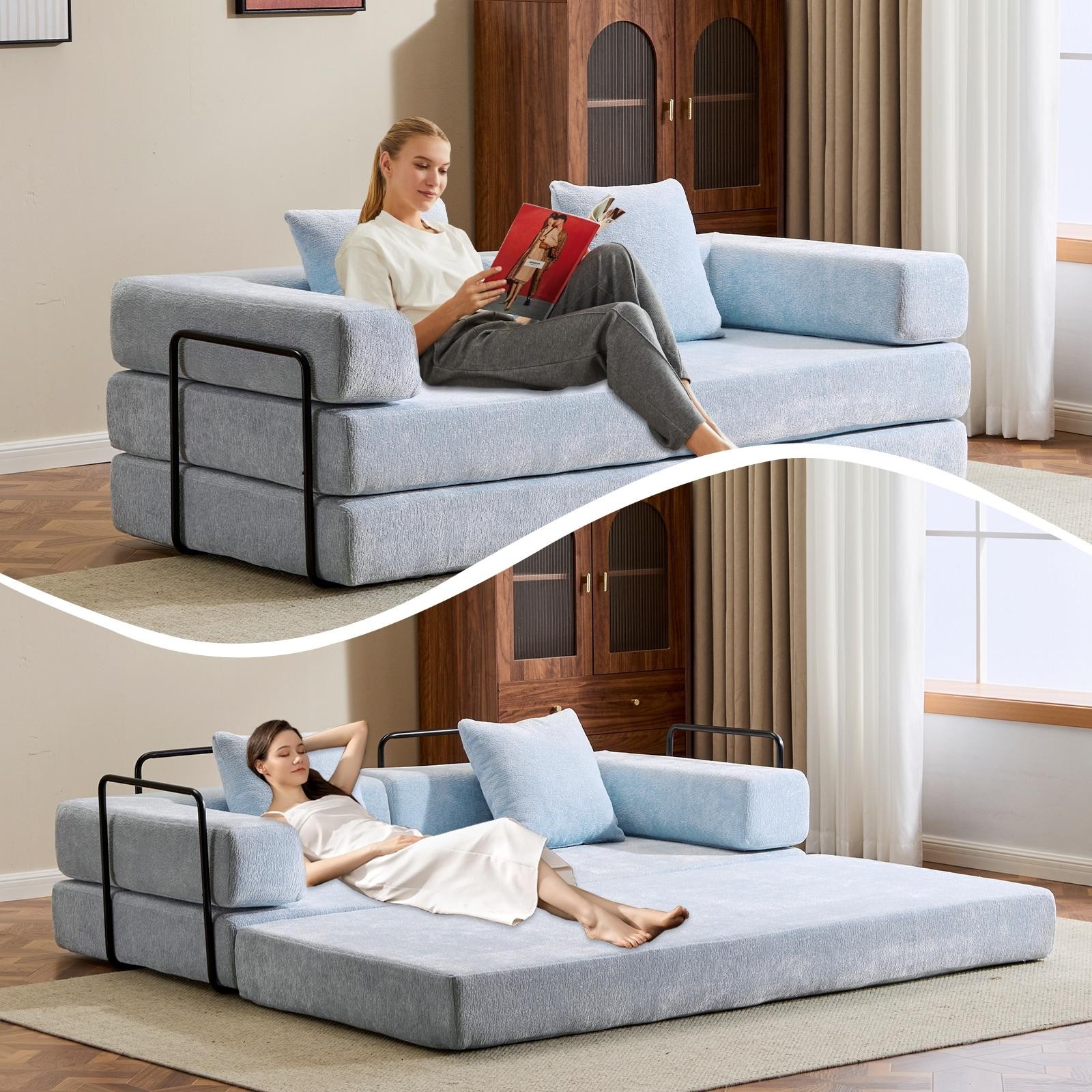 Convertible Floor Light Blue Chenille Sofa Bed W/ Pillow Armrest