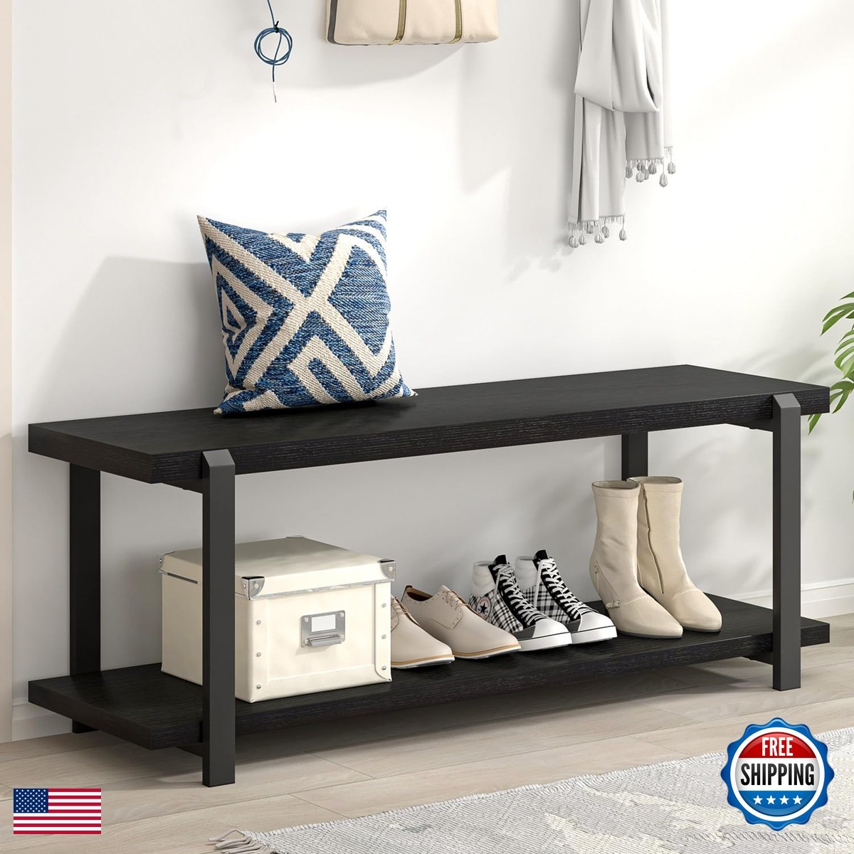 Excefur Entryway Bench Modern Wood And Metal Storage Bench Hallway Industrial