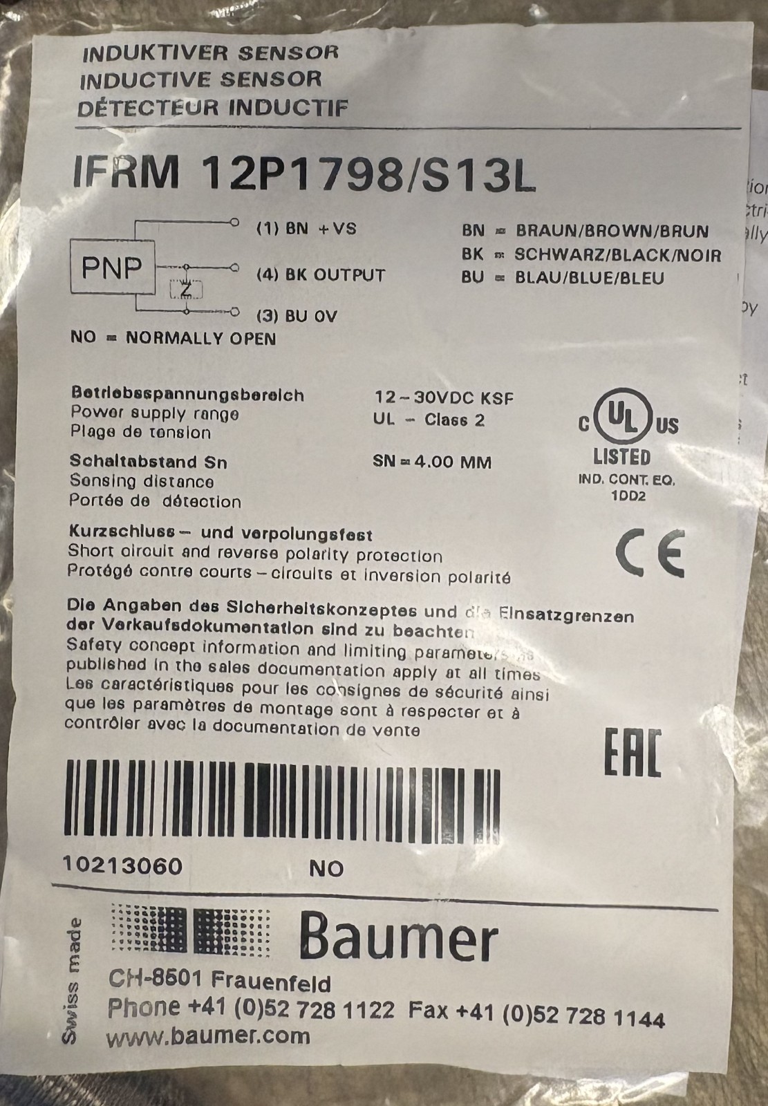 BAUMER IFRM12P1798/S13L EXTENDED RANGE PROXIMITY SENSOR-NIB