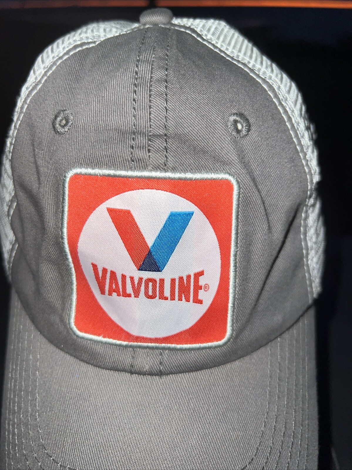 Valvoline Red White Blue Patch on Gray Front Hat Cap Gray Bill Snapback