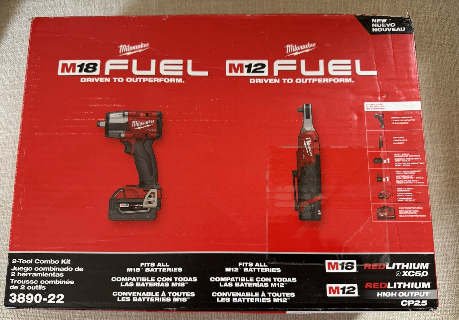 Milwaukee M18 FUEL 1/2" Impact Wrench + M12 FUEL 3/8" Ratchet Kit 3890-22