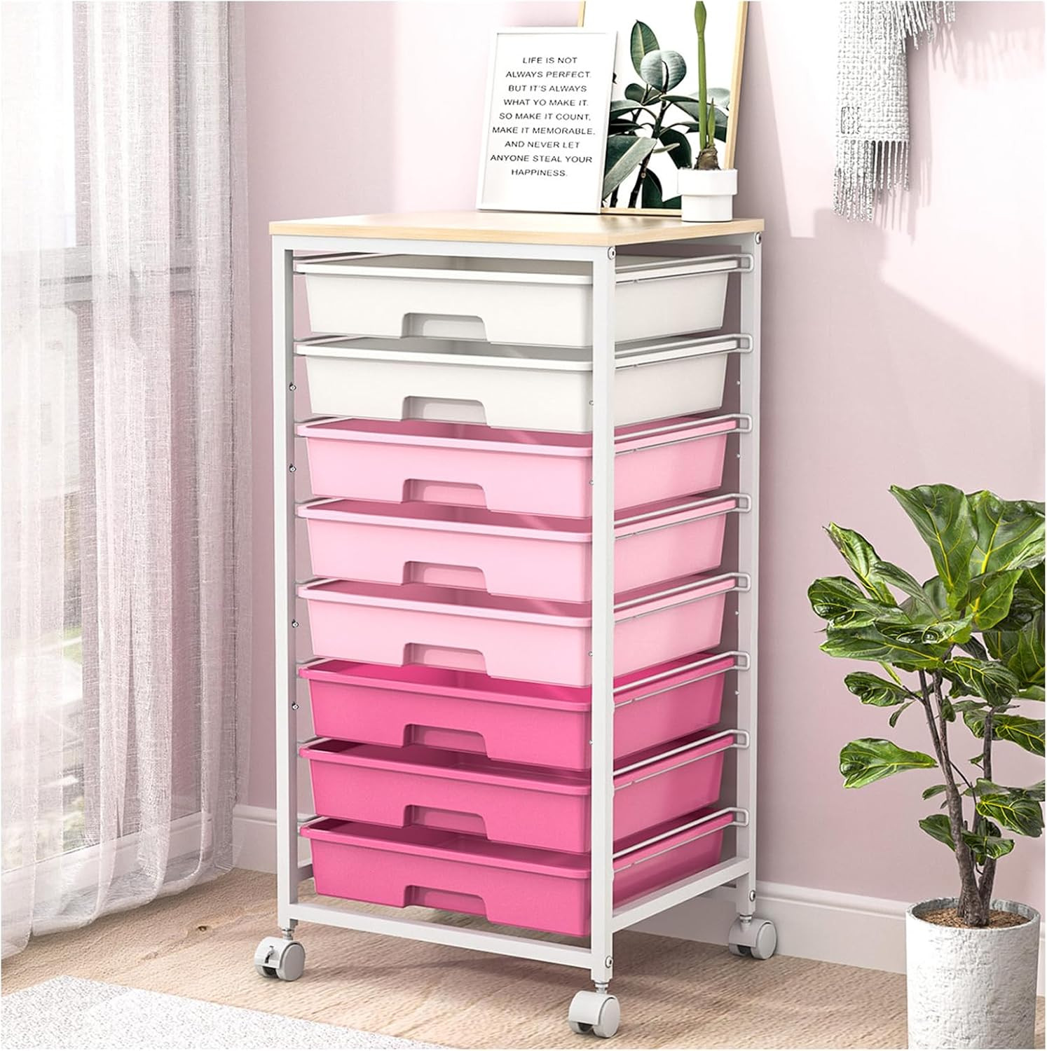 Rolling Cart with Drawers,Storage Cart with 8 Drawers and Wooden Tabletop,Utilit