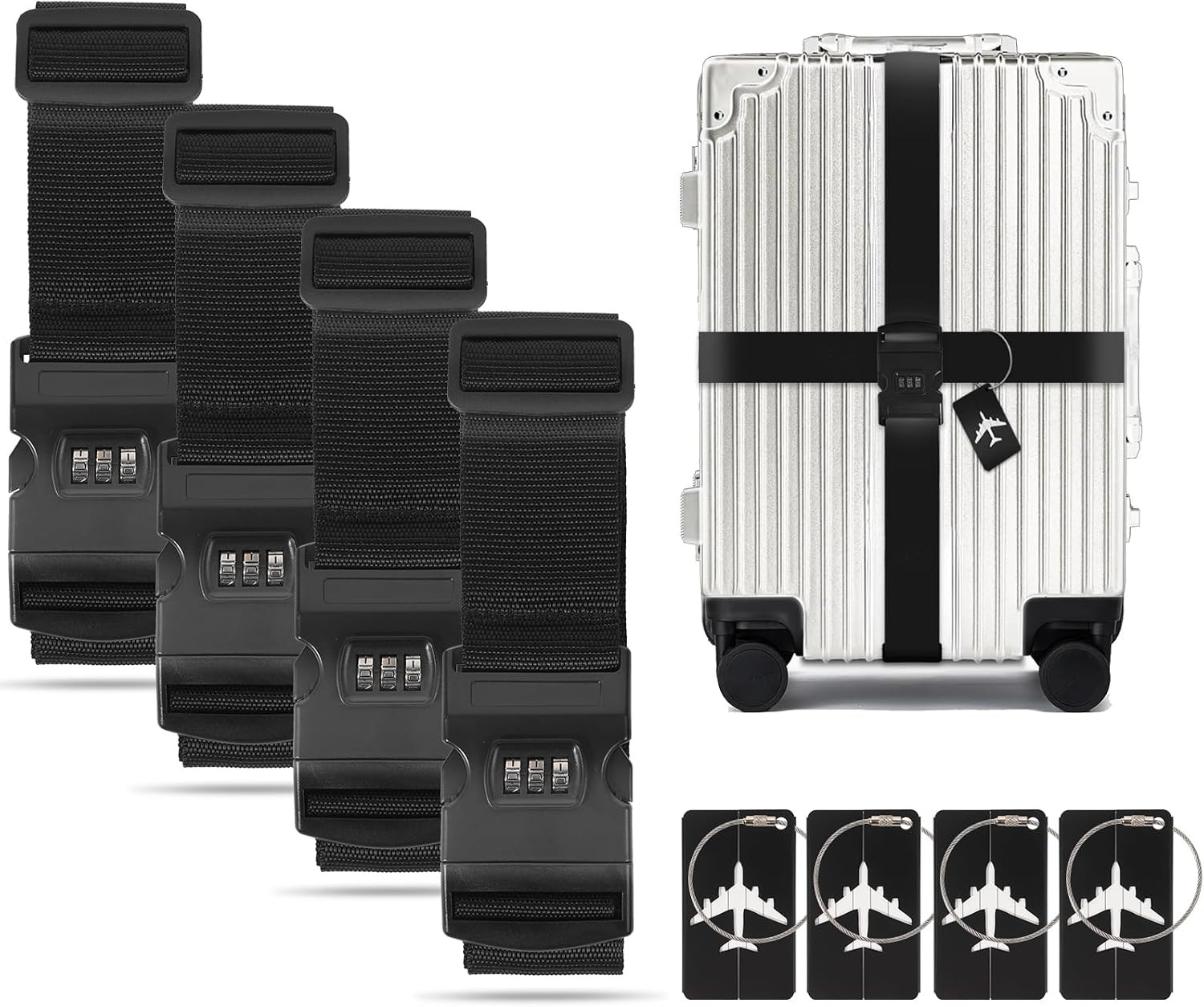 4 Pack Luggage Straps for Suitcase W/Password Lock & Tags (Black) | Adjustable S