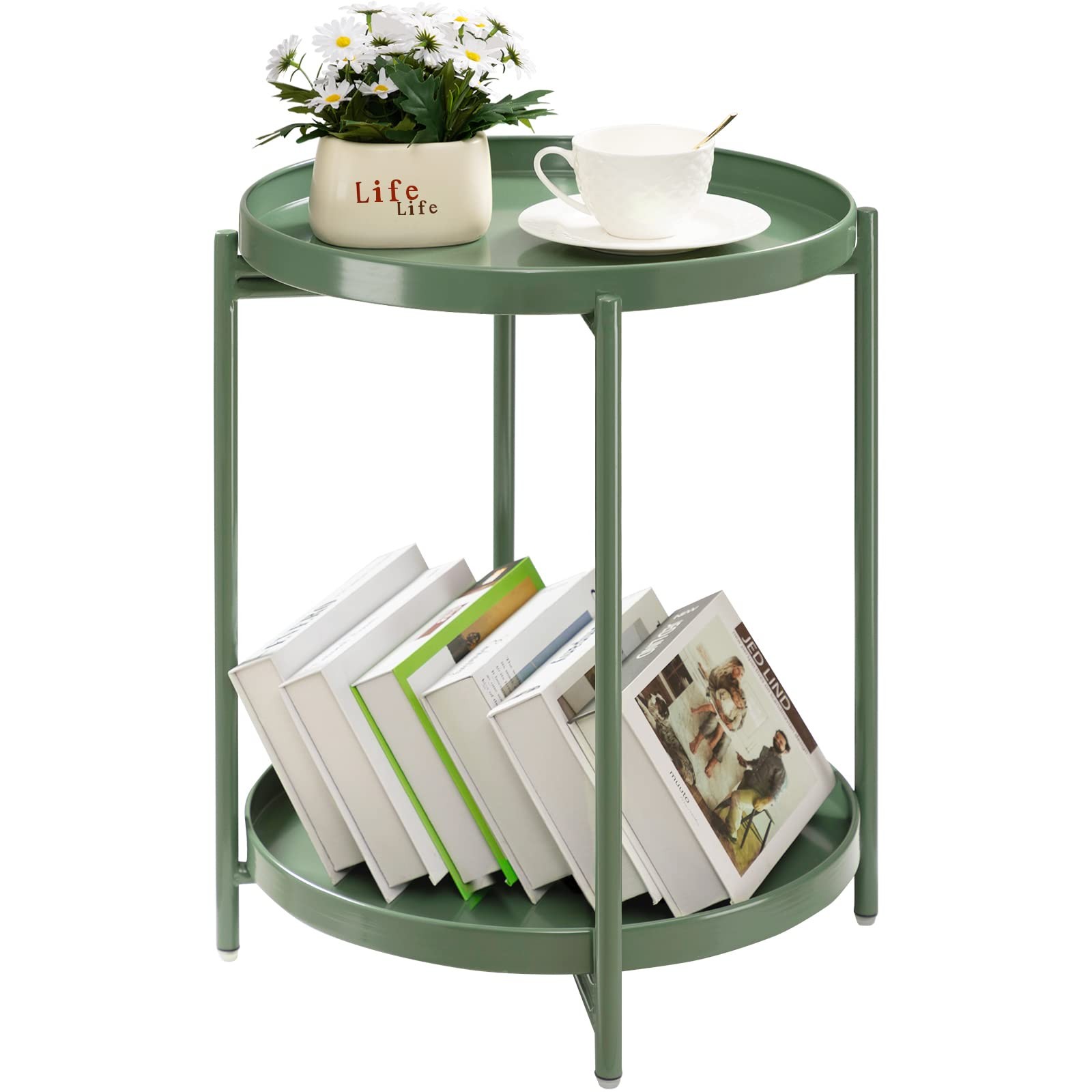 2 Tier Green Side Table, Folding Round Metal End Table Small Nightstand with ...