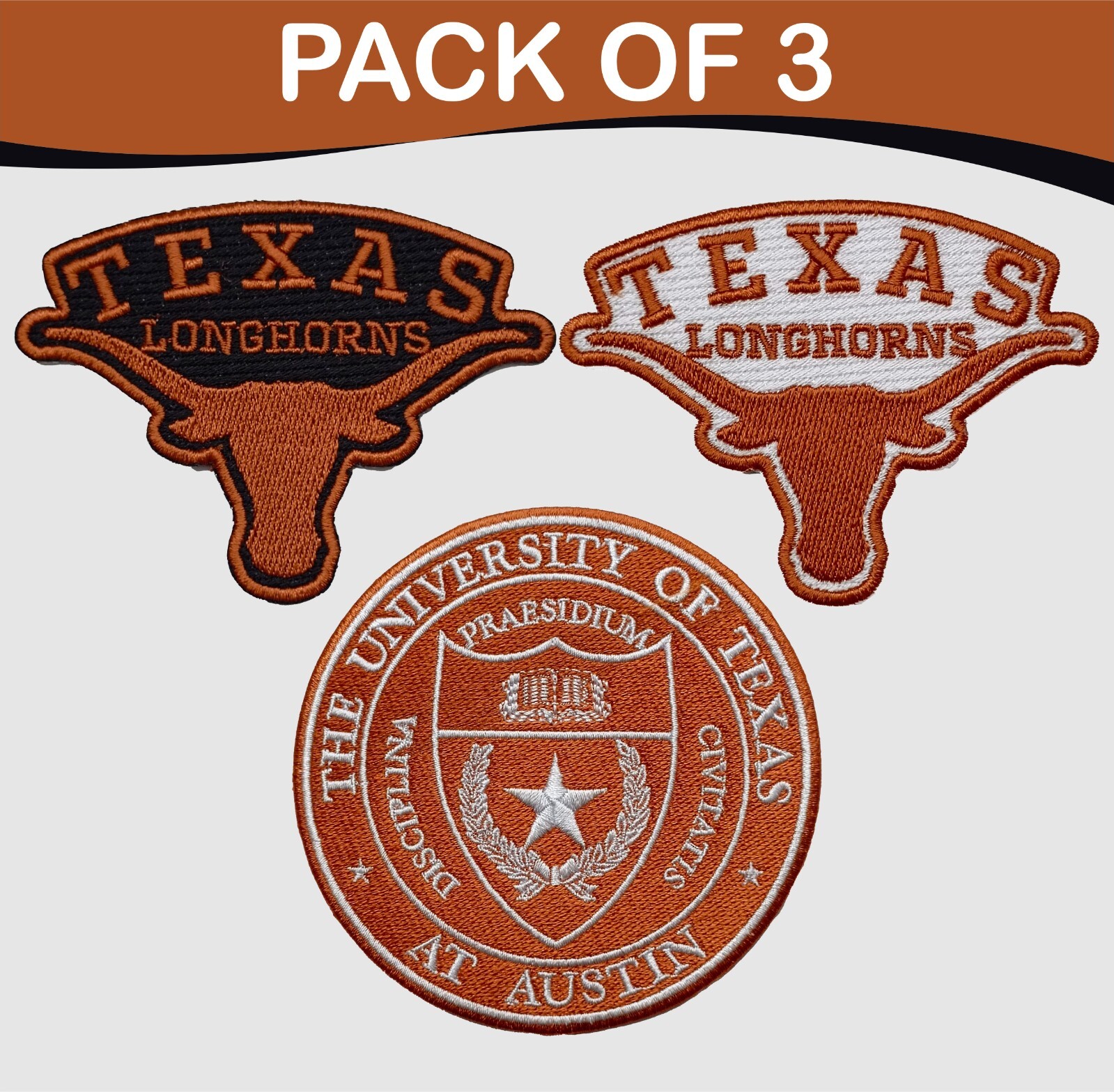 3 Pcs Of UT Austin & Texas Longhorns Logo Iron On Patch-Sew Patch-Embroidered