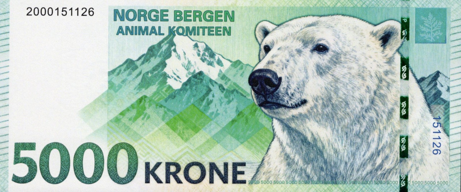 Norway TEST NOTE 5000 Polar Bear Banknote Animal COMM Note World Paper Money UNC