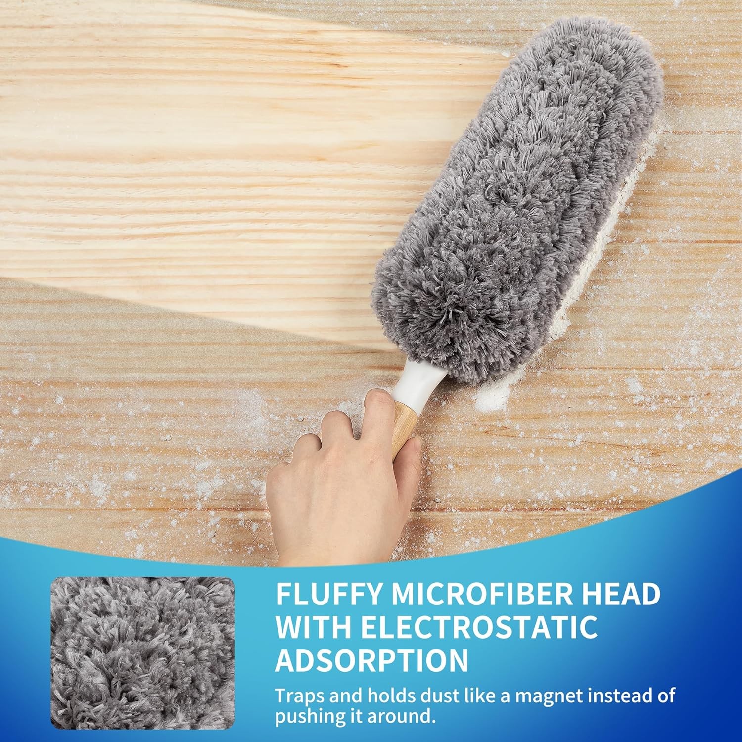 Lint Free Microfiber Duster with Bamboo Handle, Washable & Reusable Head