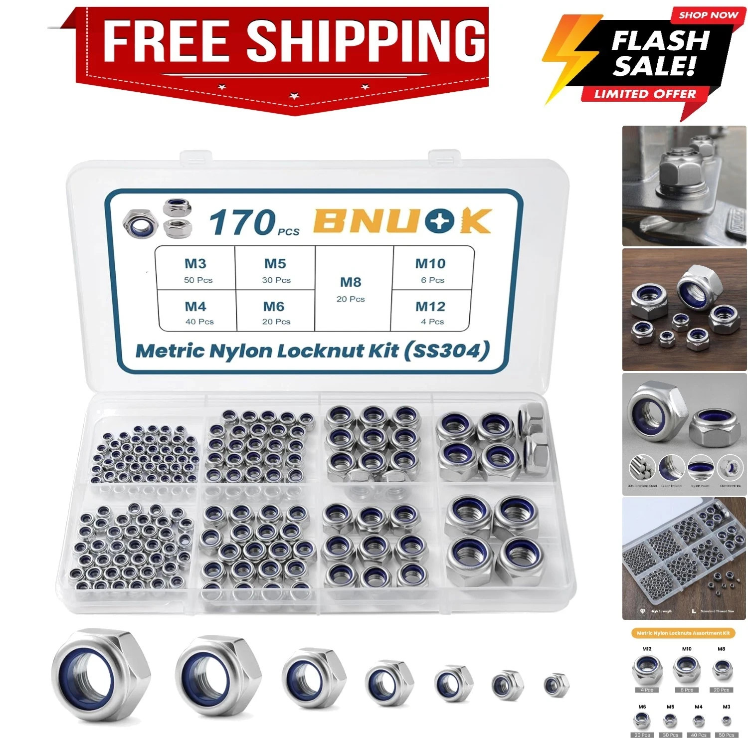 170PCS Metric Lock Nuts Assortment Kit, M3 M4 M5 M6 M8 M10 M12 Nylon Insert L...