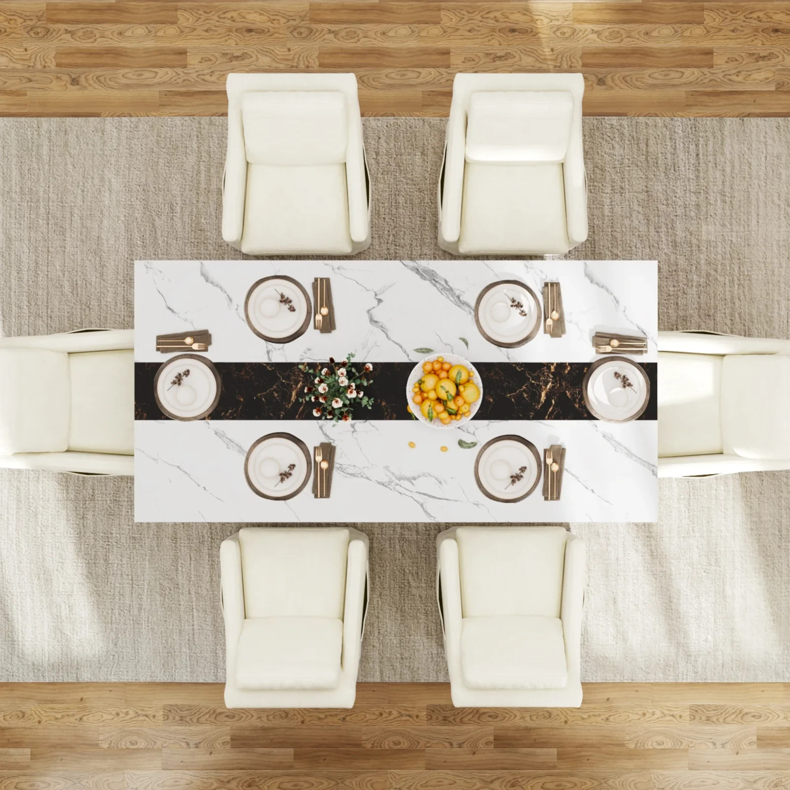 6 ft Large Modern Rectangular Dining Table for 6-8 People White Faux Marble Fin
