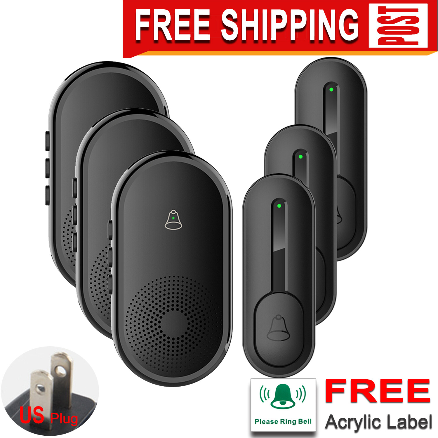 New,MINI Doorbell,3 room receivers + 3 wireless doorbell buttons+3 Tip Stickers
