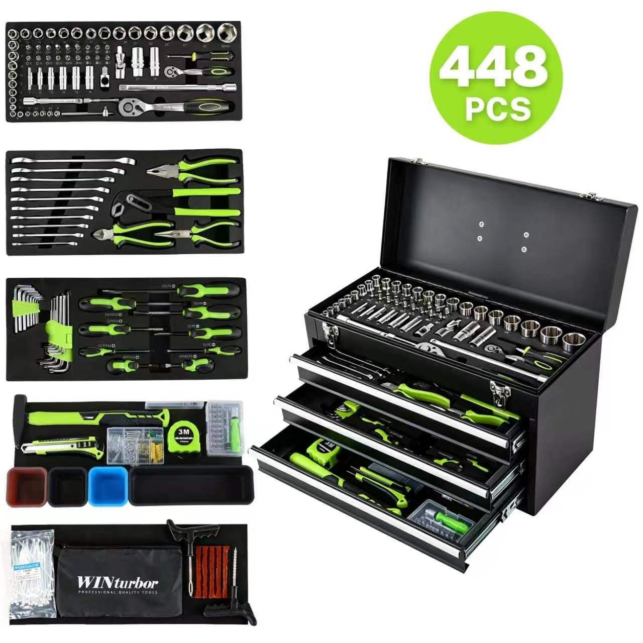 448-Piece Mechanics Tool Set, 3-Drawer Heavy Duty Metal Box, Socket Wrench Kit