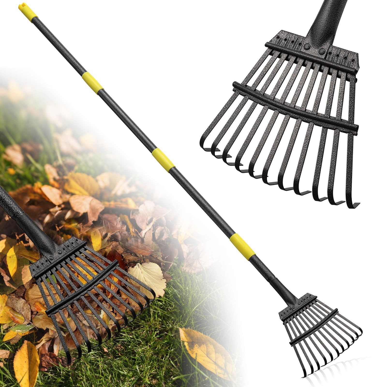 "Heavy Duty Leaf Rake with 11 Tines, 60” Long Handle for Small Gardens"