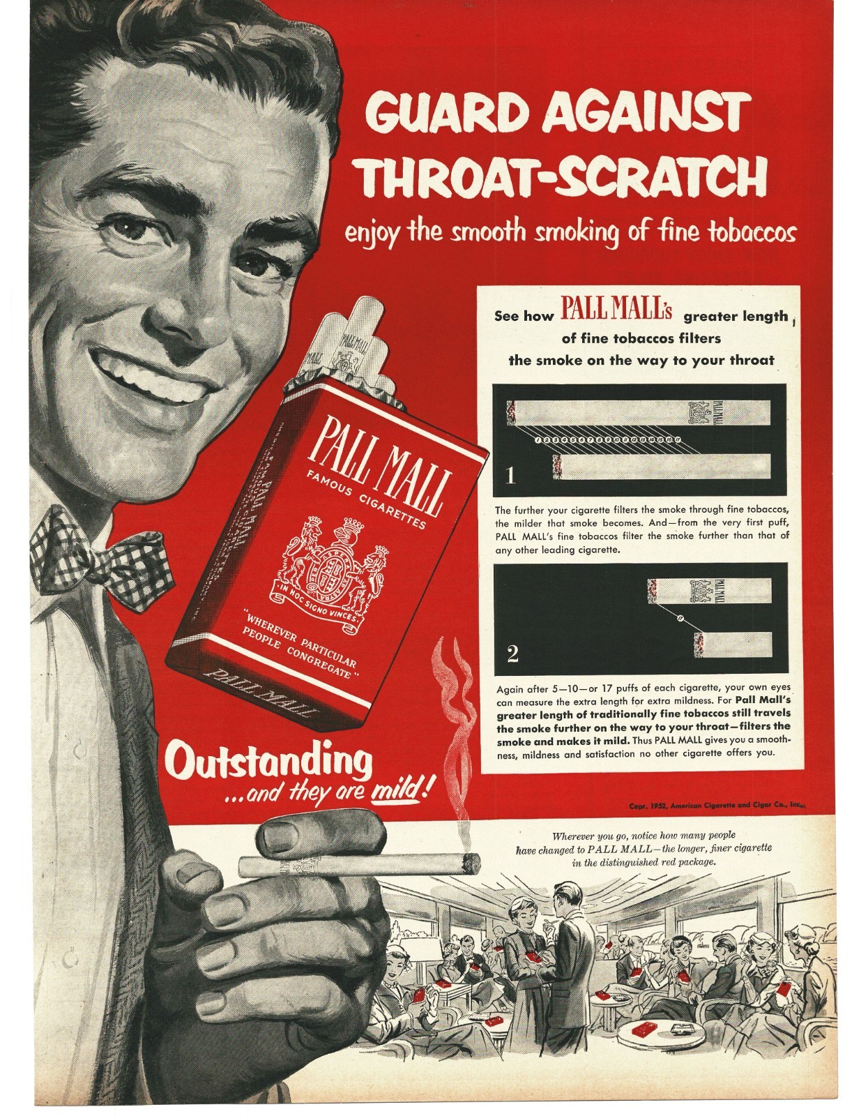 1952 Pall Mall Cigarettes Vintage Print Ad Red Pack Coat of Arms Cocktail Lounge