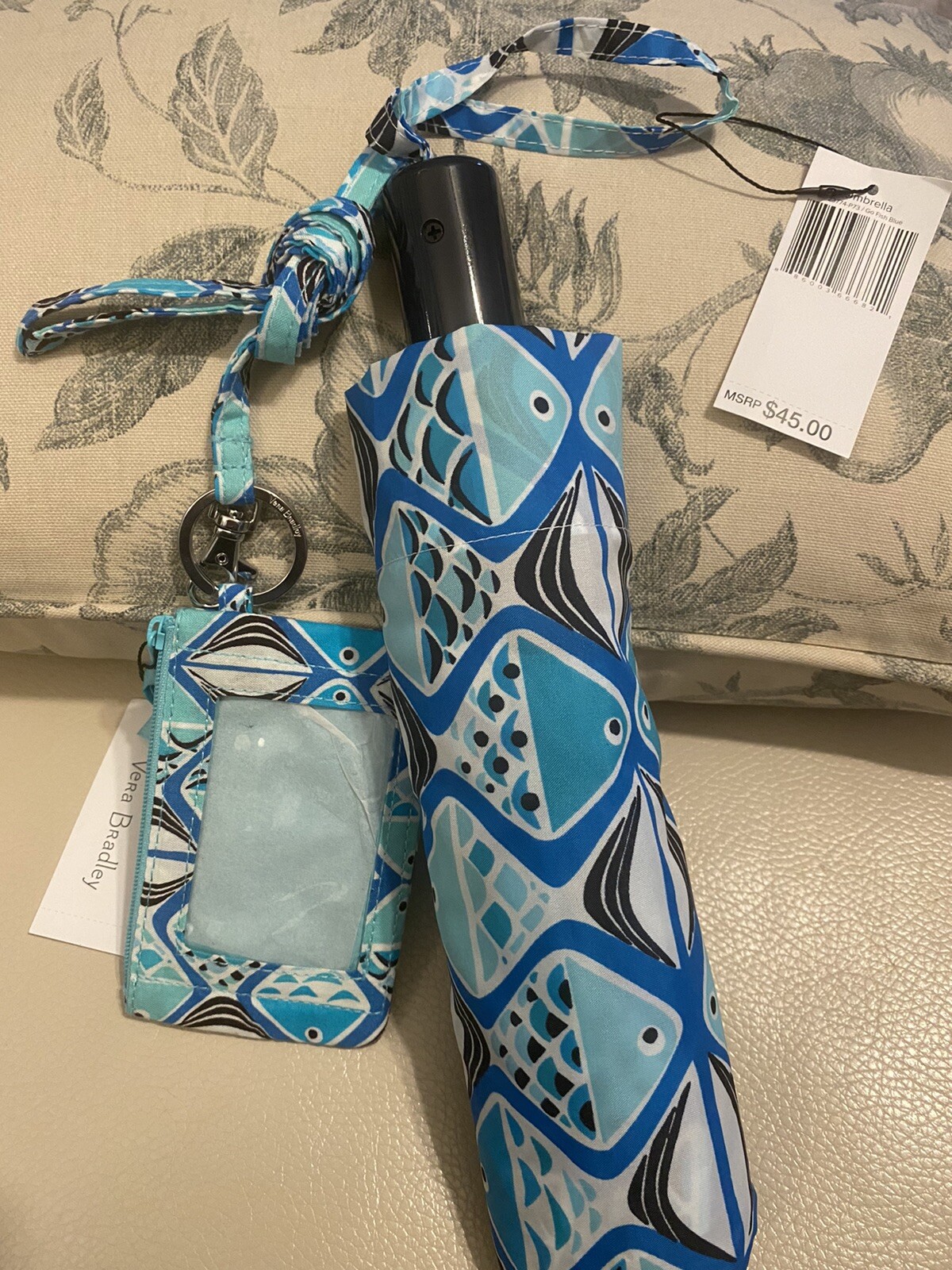 NEW! 2pc Set: Vera Bradley Umbrella & Zip ID Lanyard Go Fish Blue - FREE SHIP