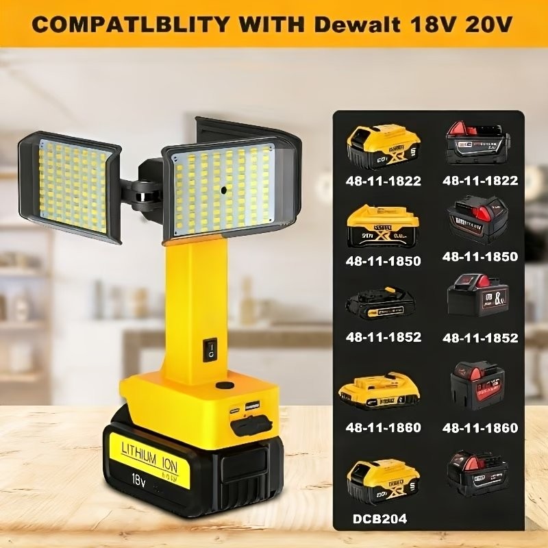 LED Work Light for Dewalt 20V/18V Battery, Cordless 3-Head Adjustable Flashlight