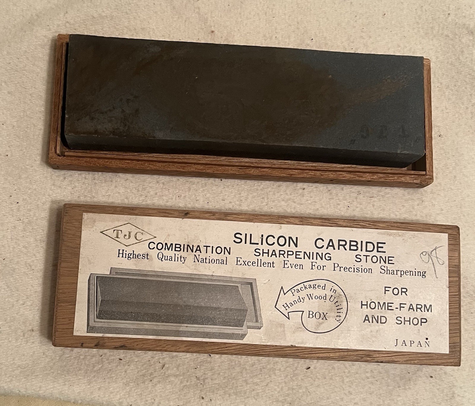 Vintage Silicon Carbide Sharpening Stone TJC Wood Box