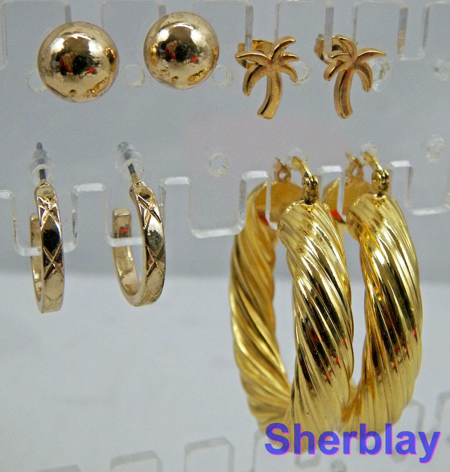 LOT 4 Pairs Jewelry Goldtone Post Pierced ORNATE HOOP Ball Earrings