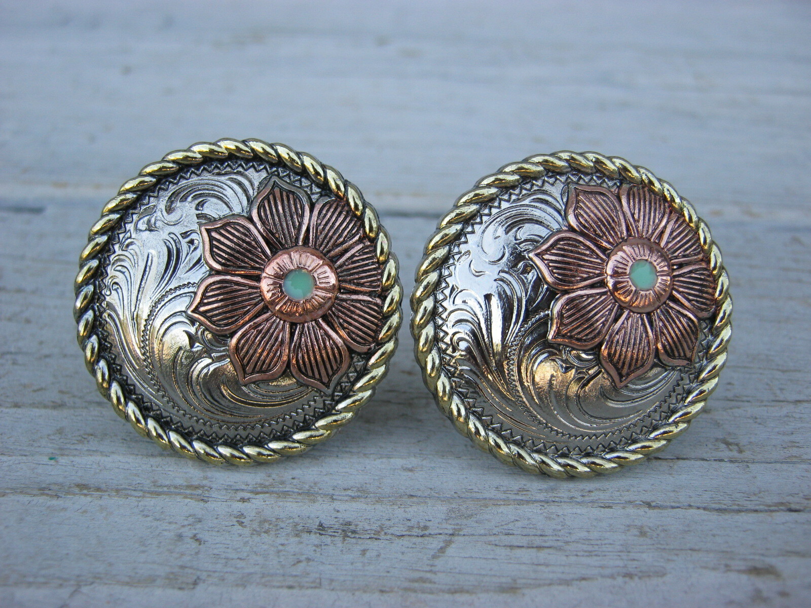 Floral Rope Edge Concho Screw Back Copper Nickel Brass Turquoise 1" 1-1/2" Set o