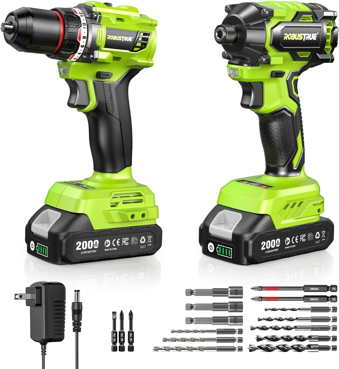 21V Cordless Power Tool Combo Drill & Impact Driver Set 2 Batteries 16PC Bits