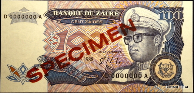 1988 Choice UNC Beautiful Color P-33s Bank of Zaire Specimen 100 Zaires!!