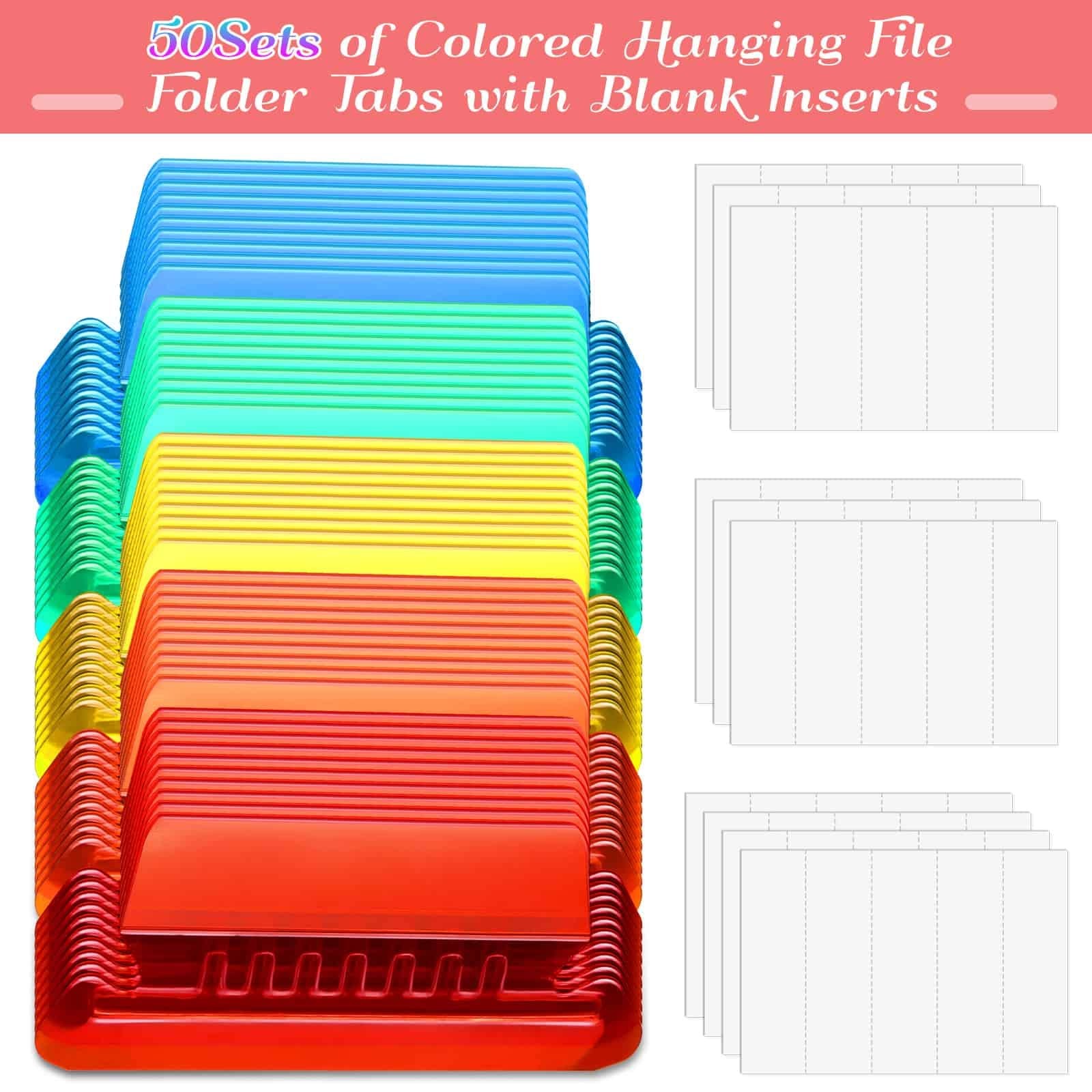 Hanging File Folder Tabs, 50 Sets Plastic Inserts for Office, Multicolor