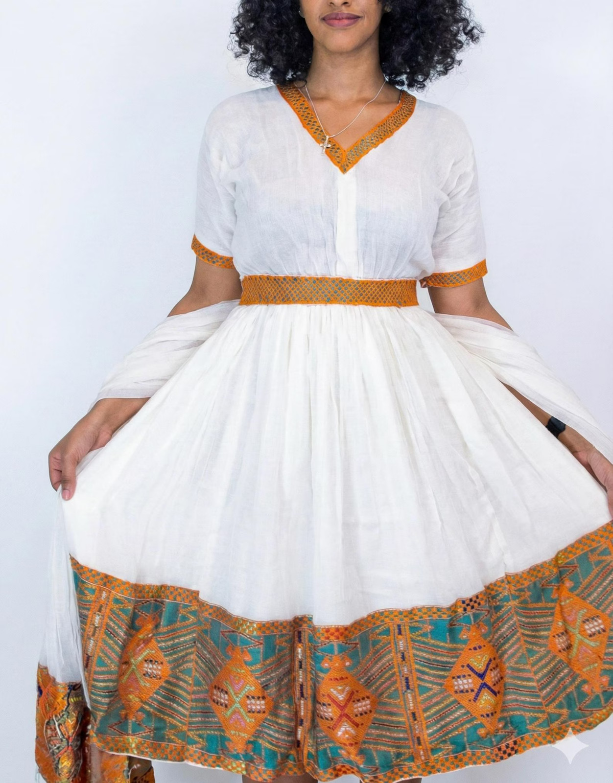 Ethiopian Dress || Menen Fabric Elegant Green Tibeb Short Dress || Eritrean Habe