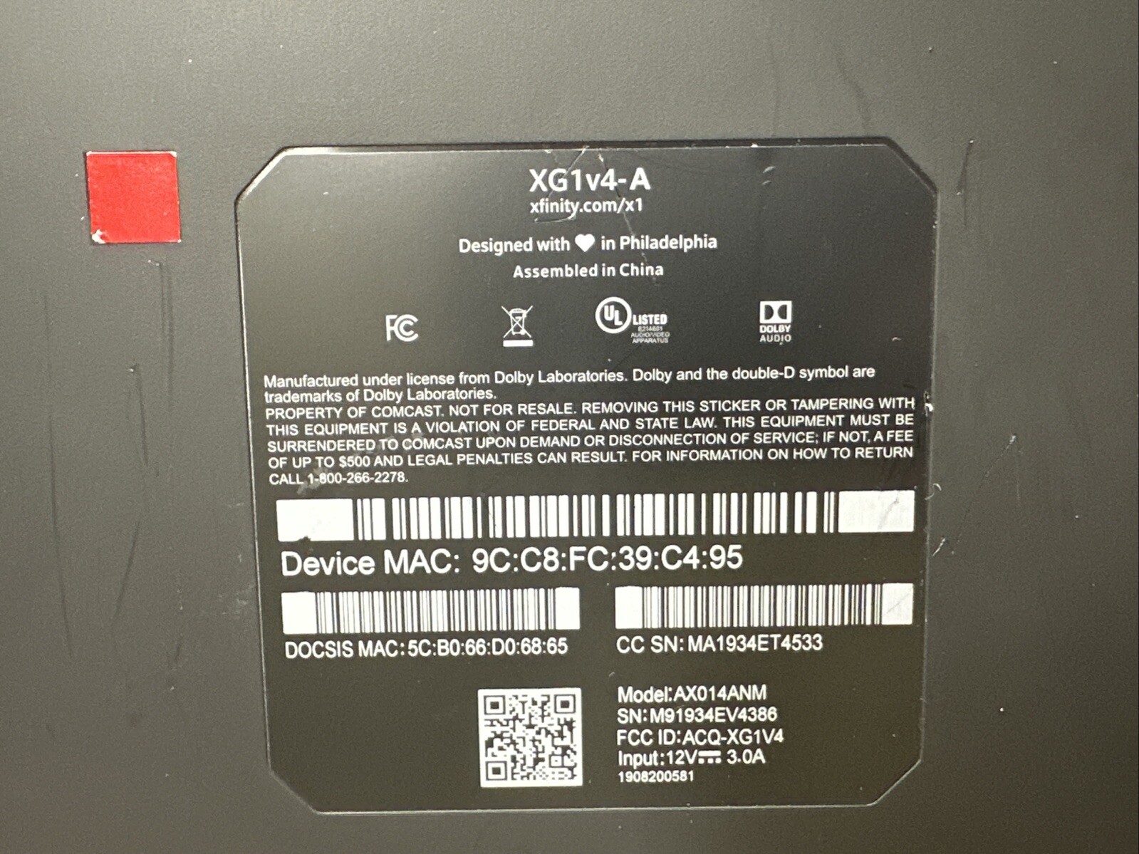 XFINITY XG1V4-A TV Cable Box TV Player (Untested)