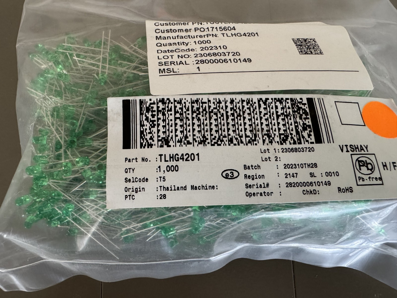 50 Pcs TLHG4201 VISHAY LED 3mm Green Clear Tinted 10-15mcd@10mA 570 nM