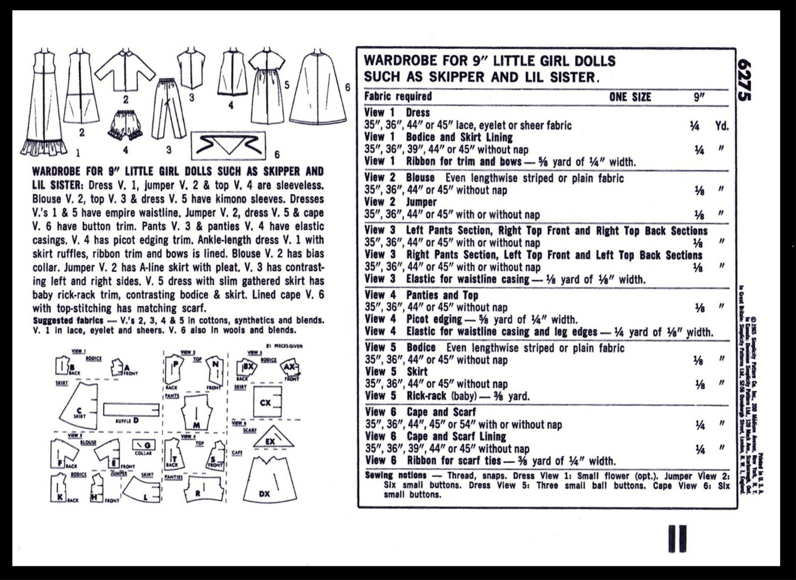 Simplicity 6275 SKIPPER 9" DOLL Pattern Copy