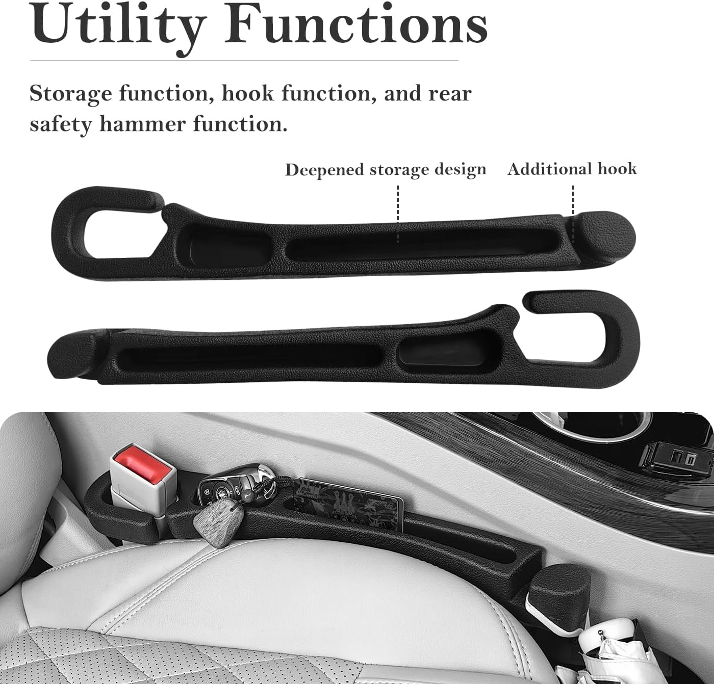 Car Seat Gap Filler 2 Pack with Organizer Hook, Car Seat Gap Plug Fills Gap B...