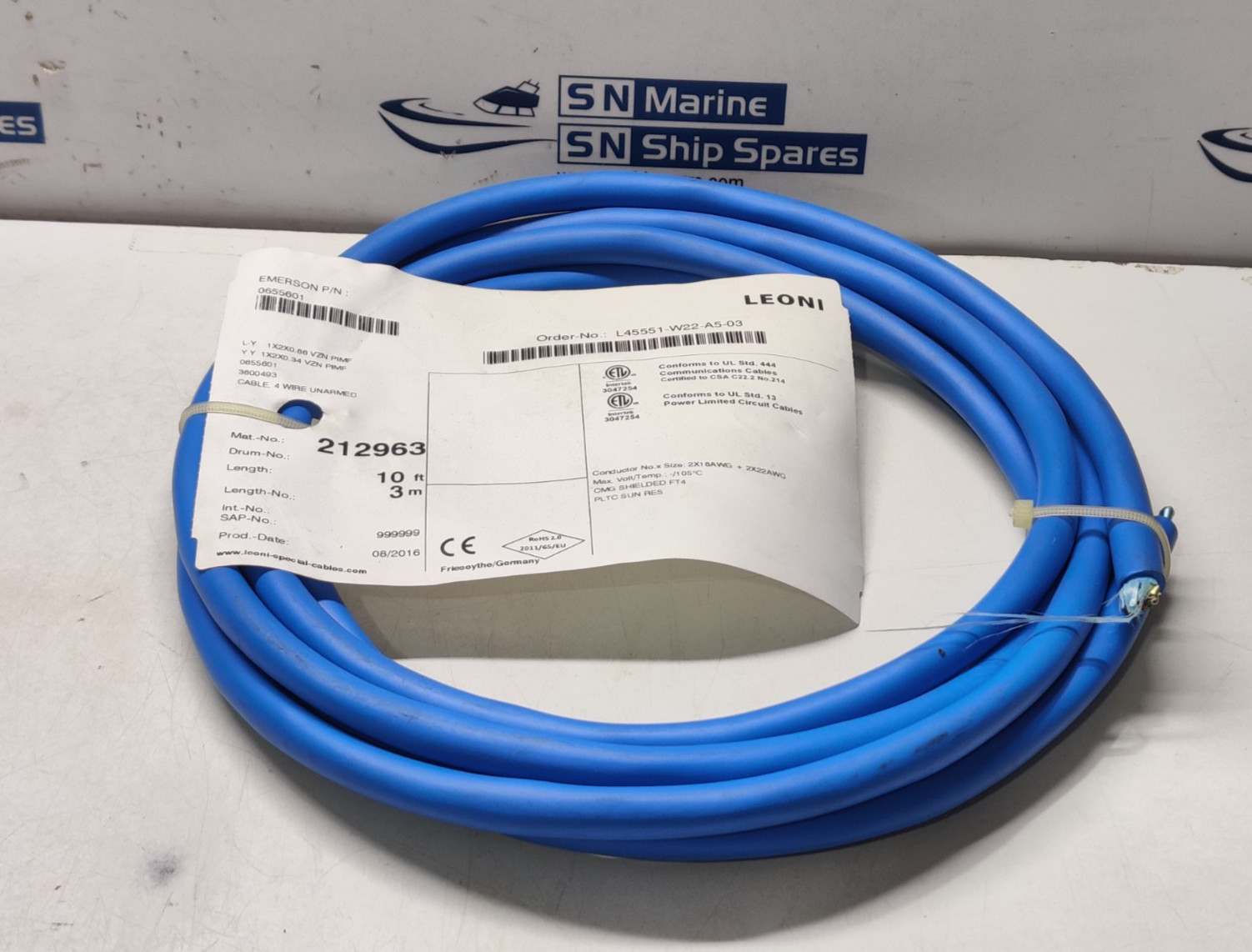 Emerson 0655601 Shielded Cable, 4 Wire PLTC 10ft Leoni
