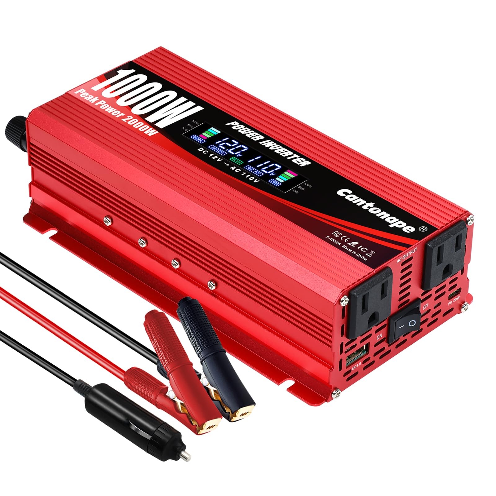 1000W/2000WPeak Car Power Inverter DC 12V to 110V/120V AC Converter with LCD ...