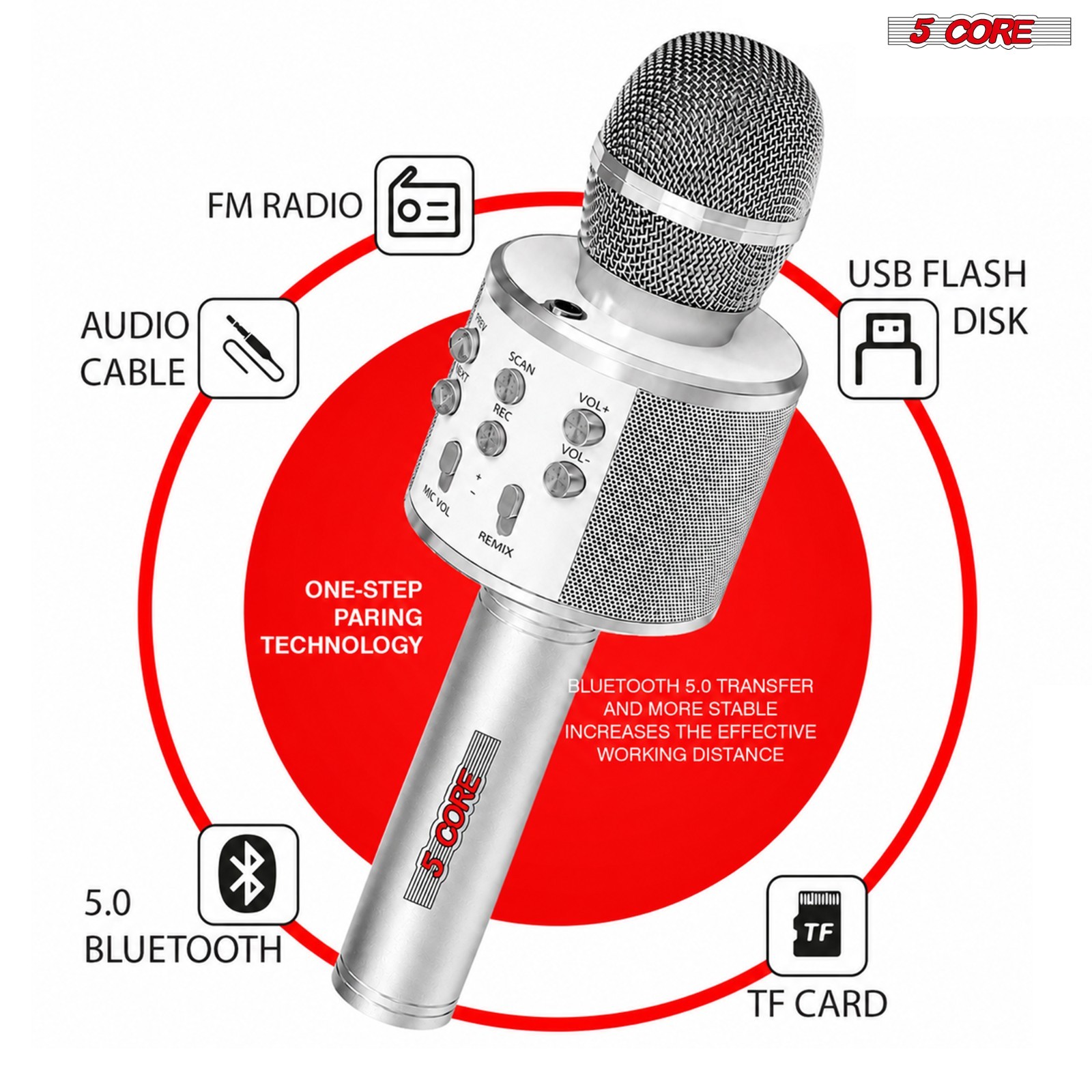 5 Core Microphone Wireless Karaoke Mic with Speaker Portable Bluetooth Microfono