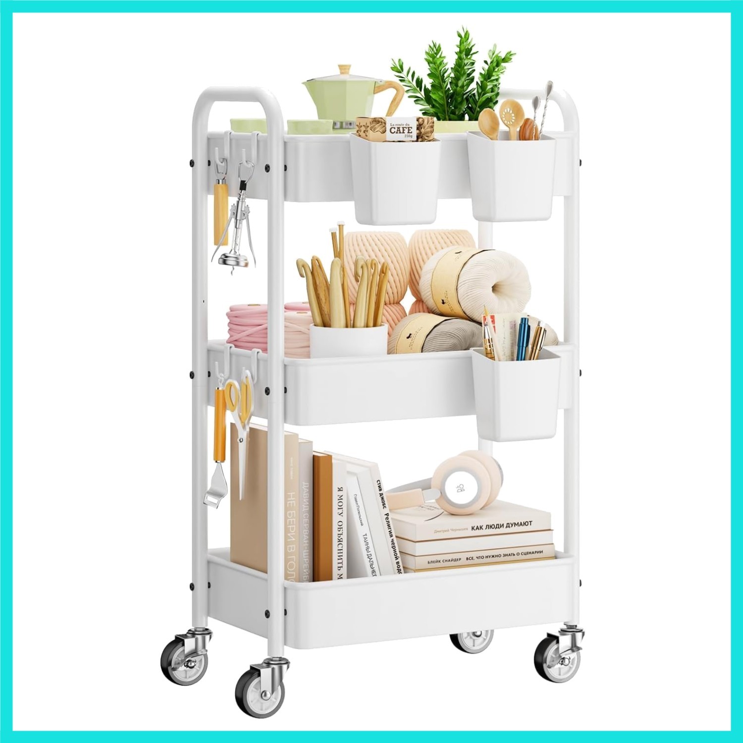 Metal 3 Tier Rolling Cart - Heavy Duty Utility Cart with Lockable Wheels, Han...
