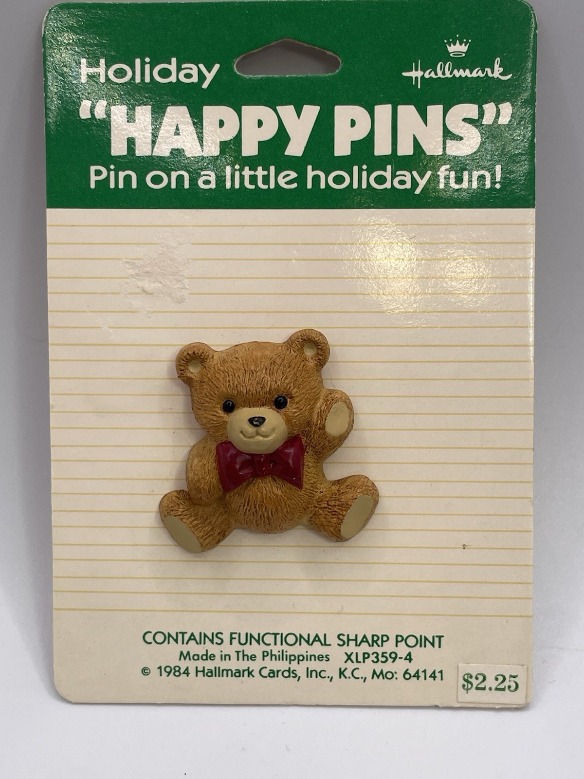Hallmark BEAR Lapel Pin Christmas 1984 NOS Happy Pins on Card