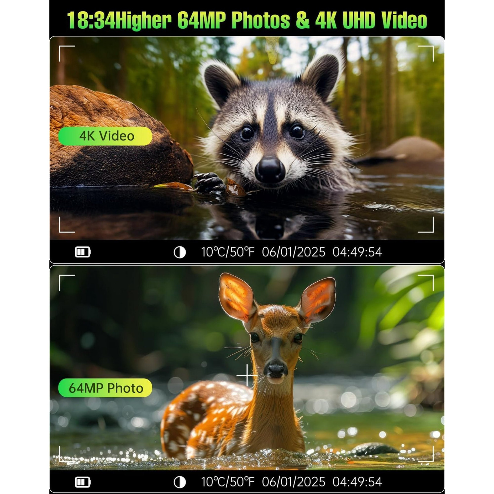 Solar Trail Camera 4K 64MP Game Camera Waterproof with 64GB Card