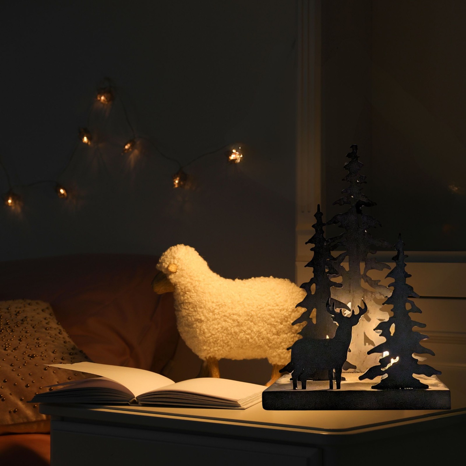 Rustic Deer Silhouette Lamp – Dark Brown Forest Table Light for Cabin Décor