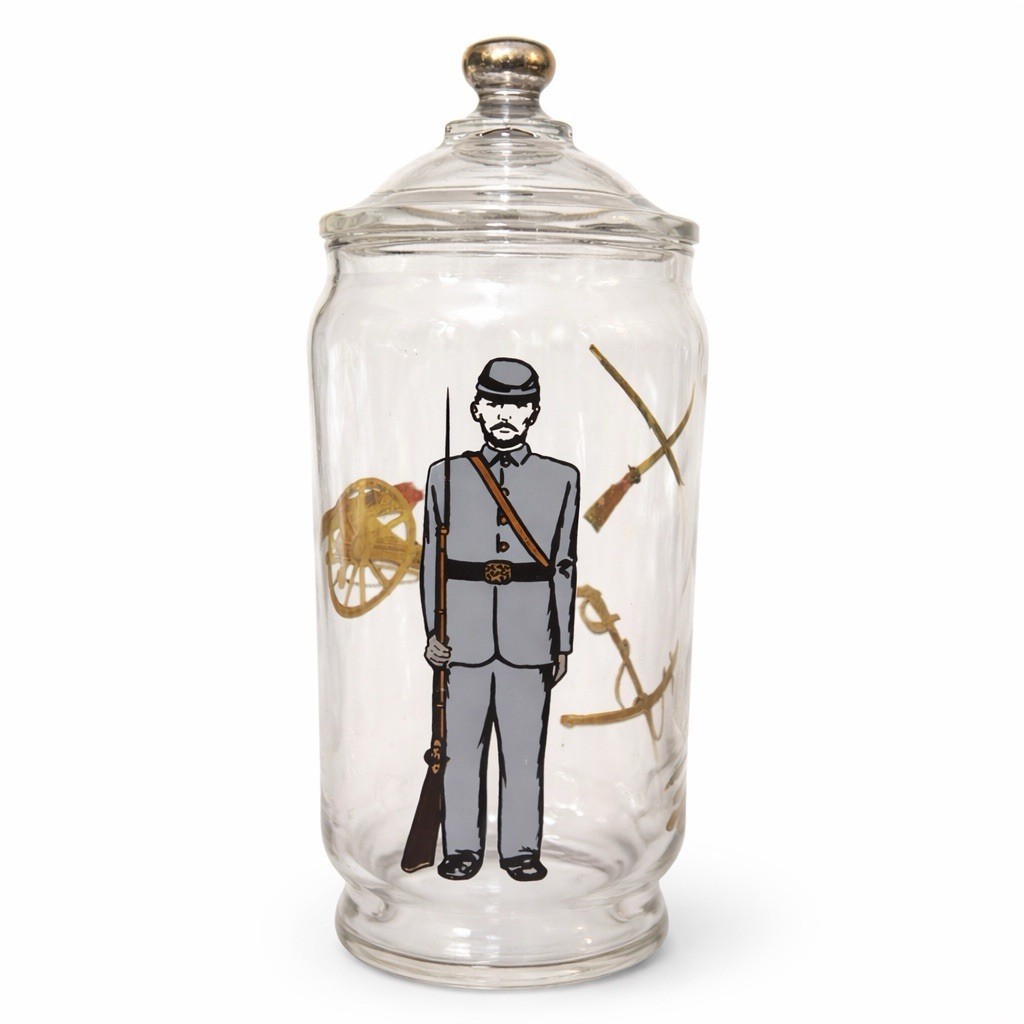 Civil War Soldier Design Glass Lidded Apothecary Jar  8 1/2” Vintage Military
