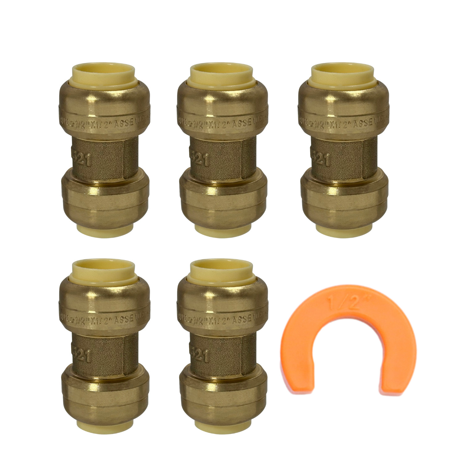 5 Pack XFITTING  1/2" Push Fit Couplings With 1 Disconnect Clip, Lead Free Brass