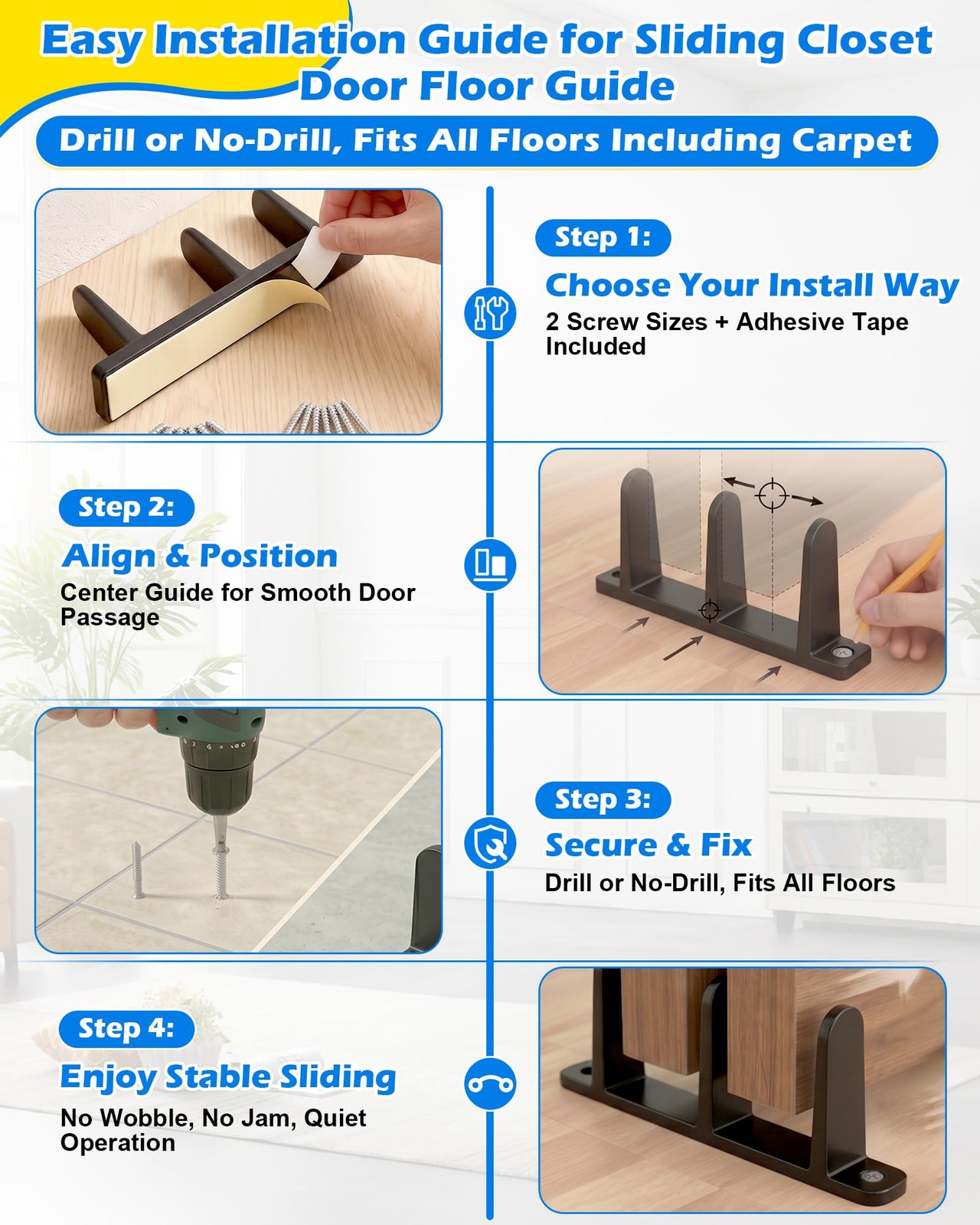 4 Pack Black Sliding Closet Door Floor Guide Universal Bottom Guide Set