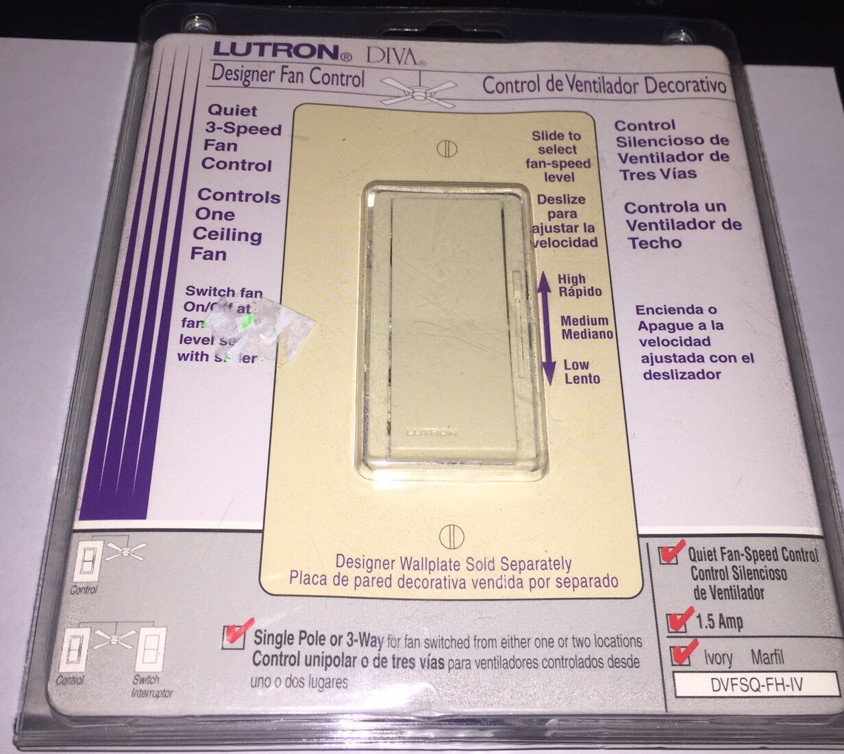 New N Pack Lutron 3 Speed Fan Control Switch Dvfsq-fh-iv