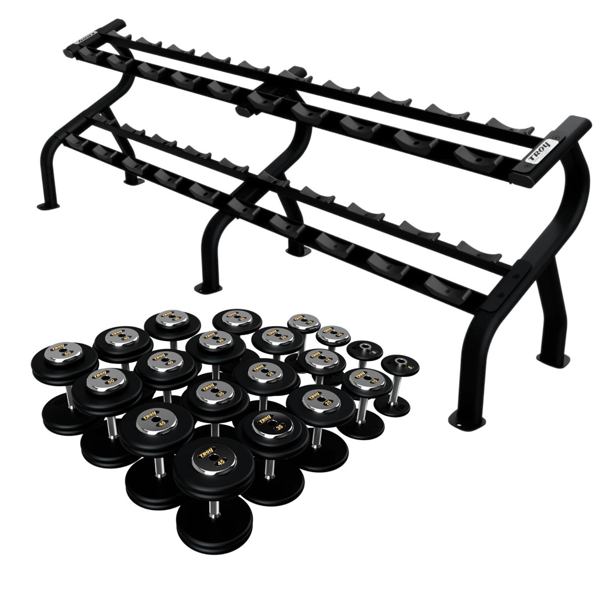 Troy Pro Style Black Dumbbells with Chrome End Caps Set - 5 to 50LB w/Rack - NEW