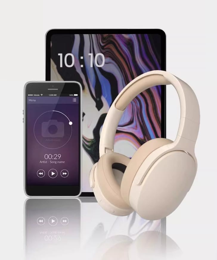 Wireless Over-Ear Headphones Beige Foldable Bluetooth Noise Cancelling Style