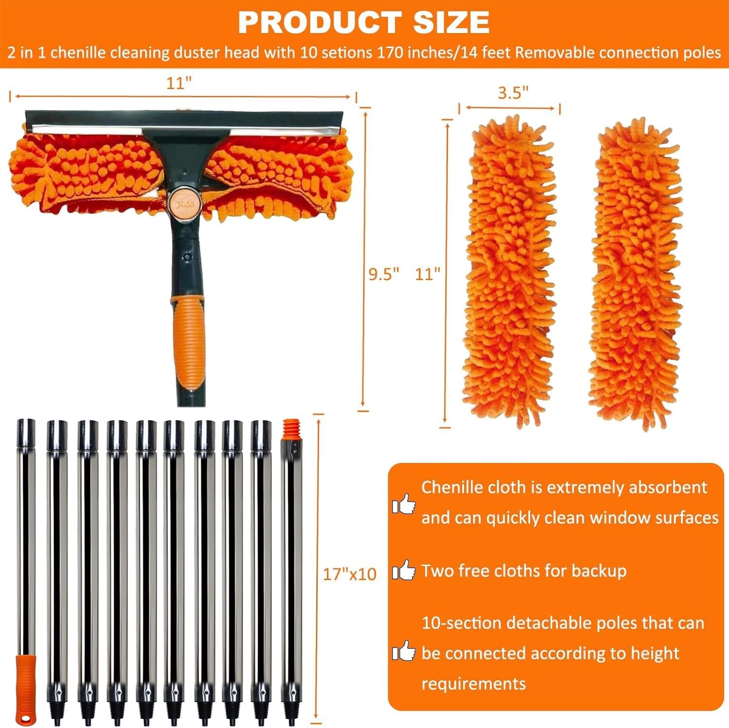 20 ft+ Reach Squeegee Window Cleaner Duster 2 in 1 Rotatable Cleaning Tool Kit