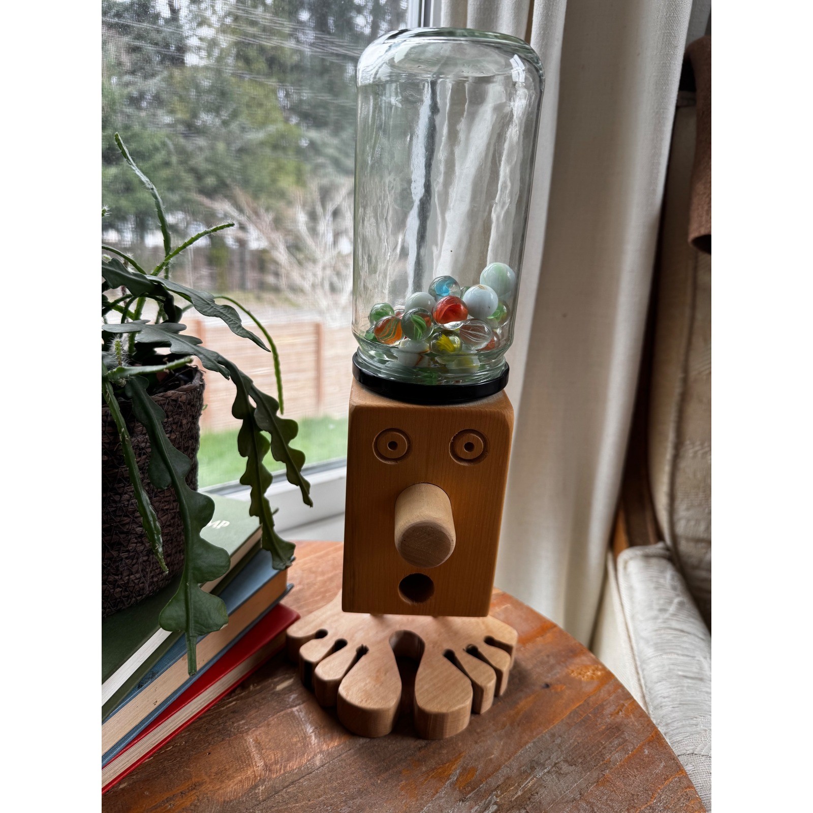 Vintage Handmade Wooden Candy Gumball Marble Display Character Glass Jar Quirky