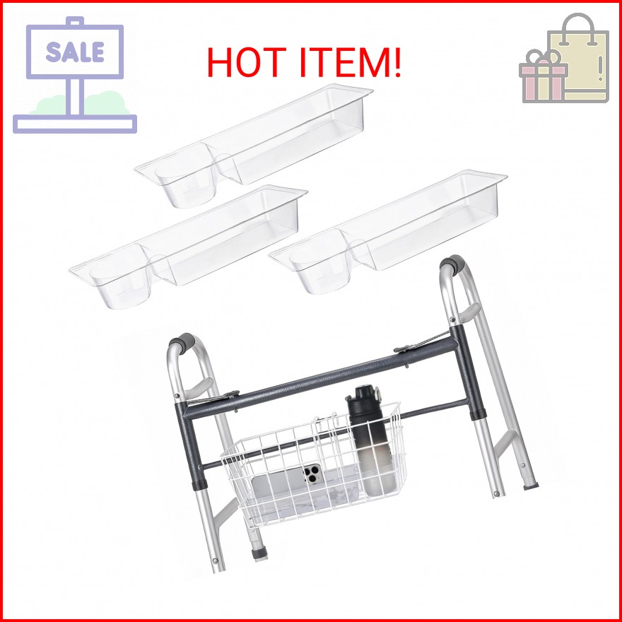 AceOrbit 3 Pcs Walker Basket Insert Clear Plastic Cup Holder Walker Tray Wheelch