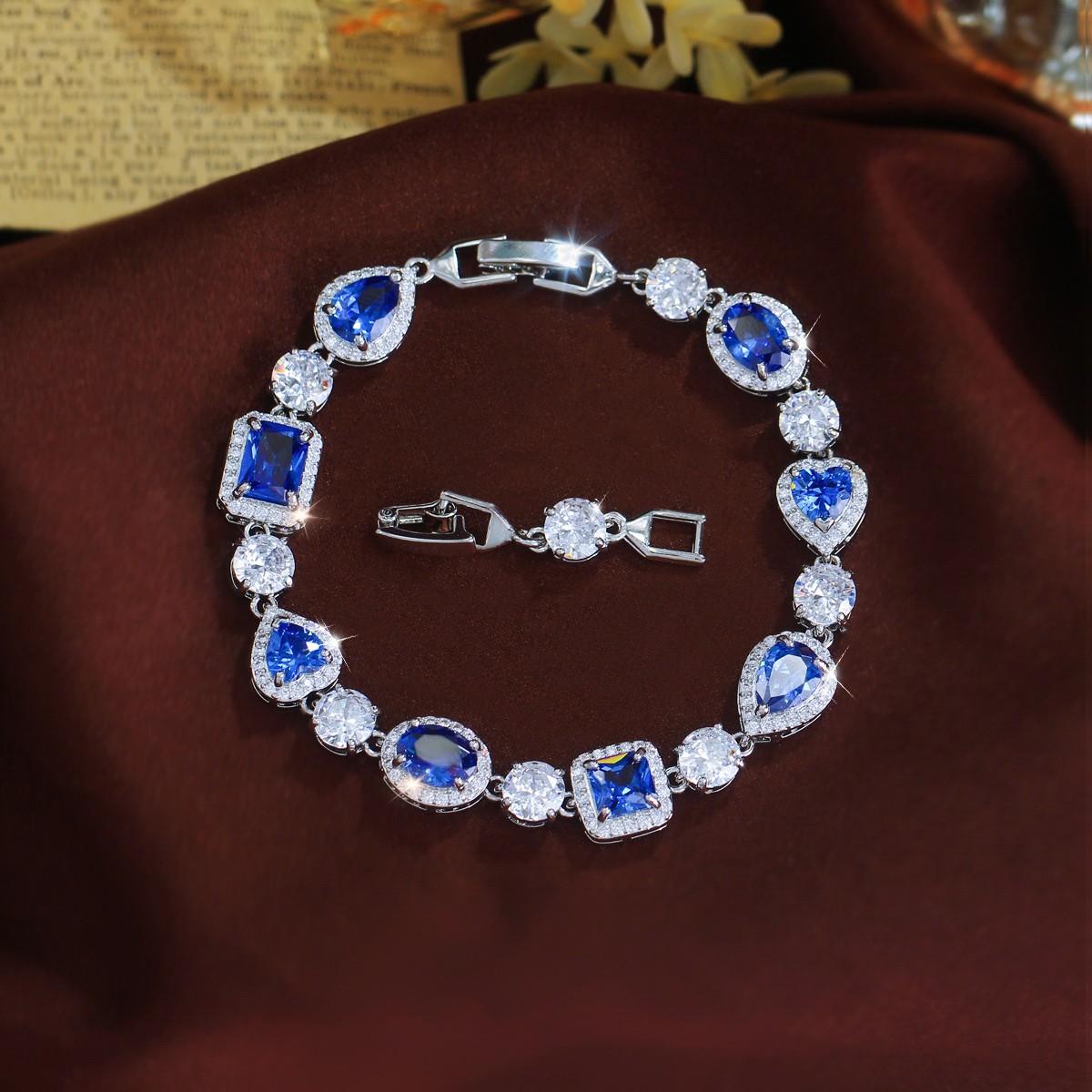 Blue Geometric Cubic Zirconia Tennis Link Chain Bracelet Silver Plated for Women