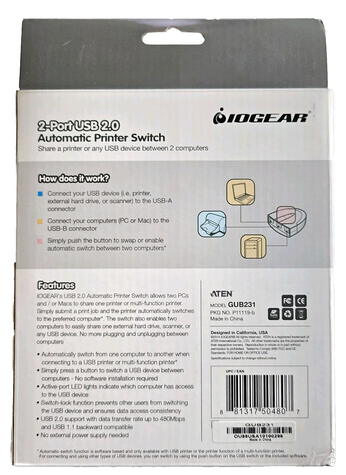 IOGear Automatic Printer Switch (GUB231) 2-Ports External USB 2.0 New PC & Mac