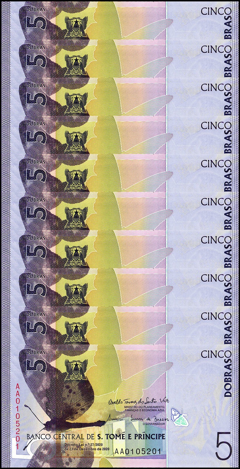 St. Thomas & Prince 5 Dobras, 2020, P-76, UNC X 10 PCS