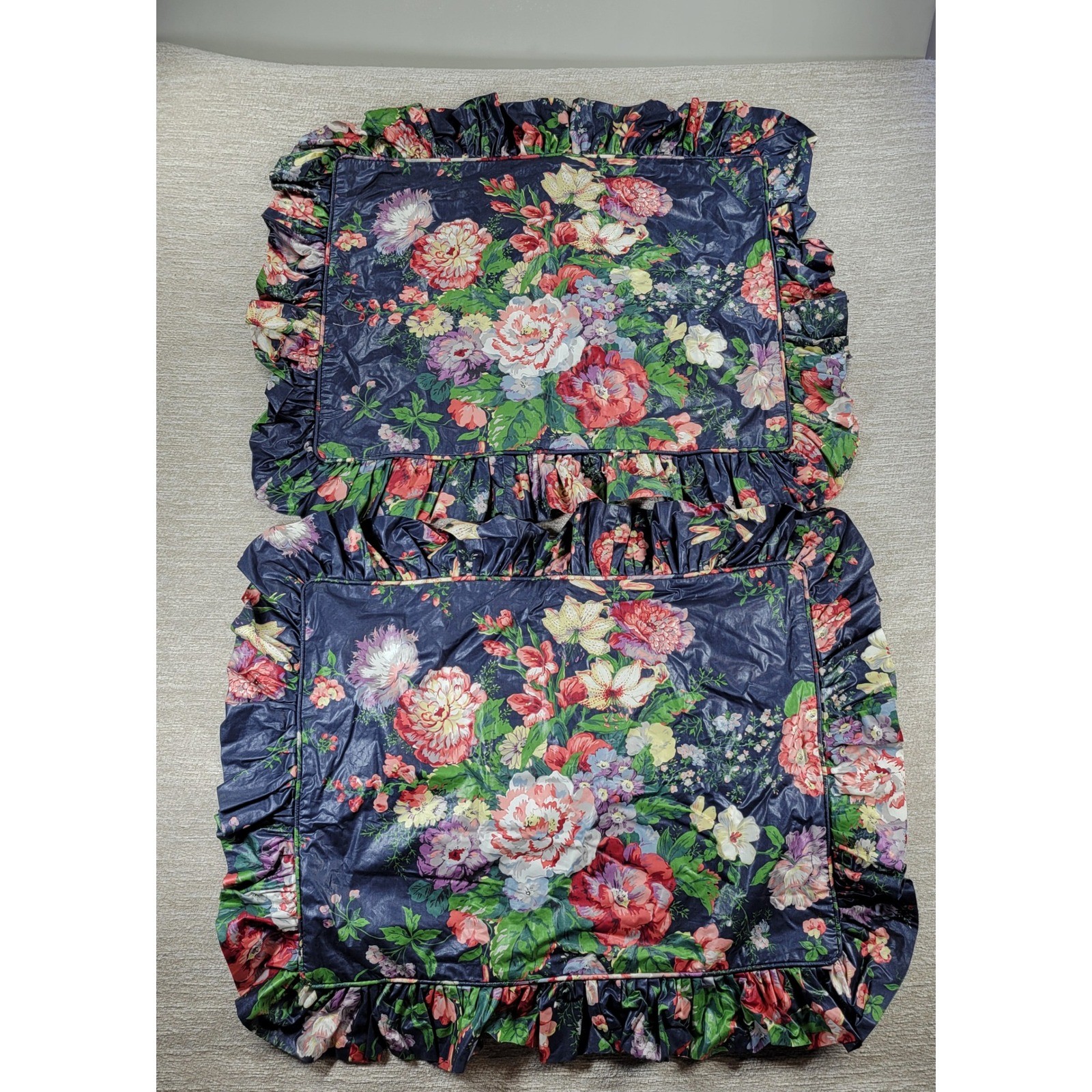 VTG Mario Buatta Pillow Shams Navy Chintz Floral Ruffle Hook n Loop 80s Set of 2